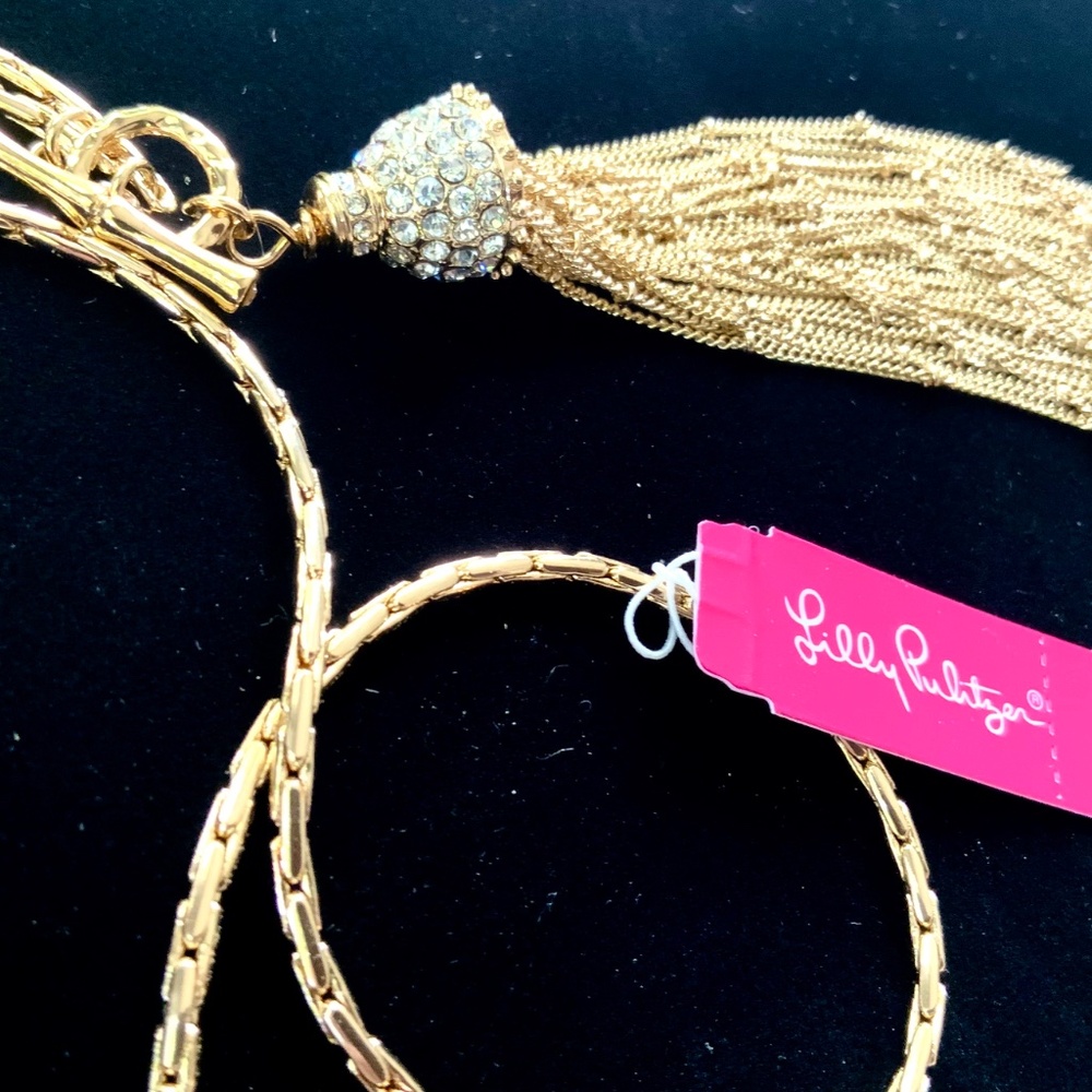 Lilly Pulitzer NECKLACE 🩷 GOLD CHAIN TASSEL CRYSTAL NECKLACE NWT “Fronds”TOGGLE - Picture 5 of 16